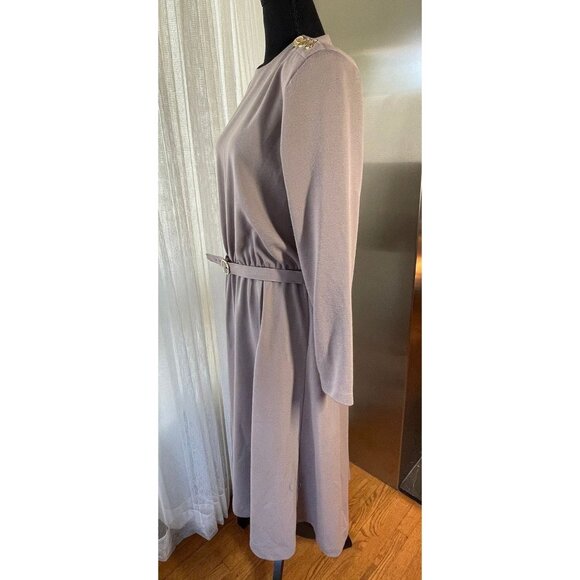 Vintage 1980s dress, grey/beige, long sleeves, a-line silhouette, office wear - Picture 4 of 9